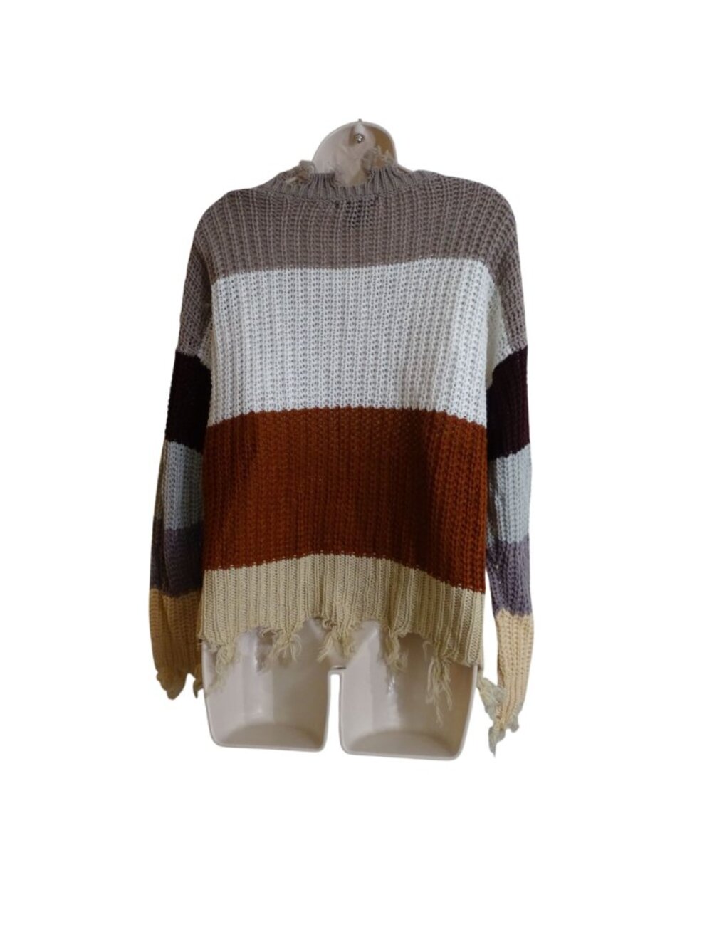 Runway 7 Striped Knit Sweater Brown Tan Frayed Hem V-Neck Women Size M Acrylic - Picture 4 of 10